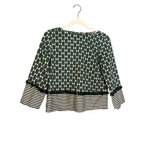 Marella Green White Diamond Print Fringe Trim Button Back Blouse Top Size 2 Boho